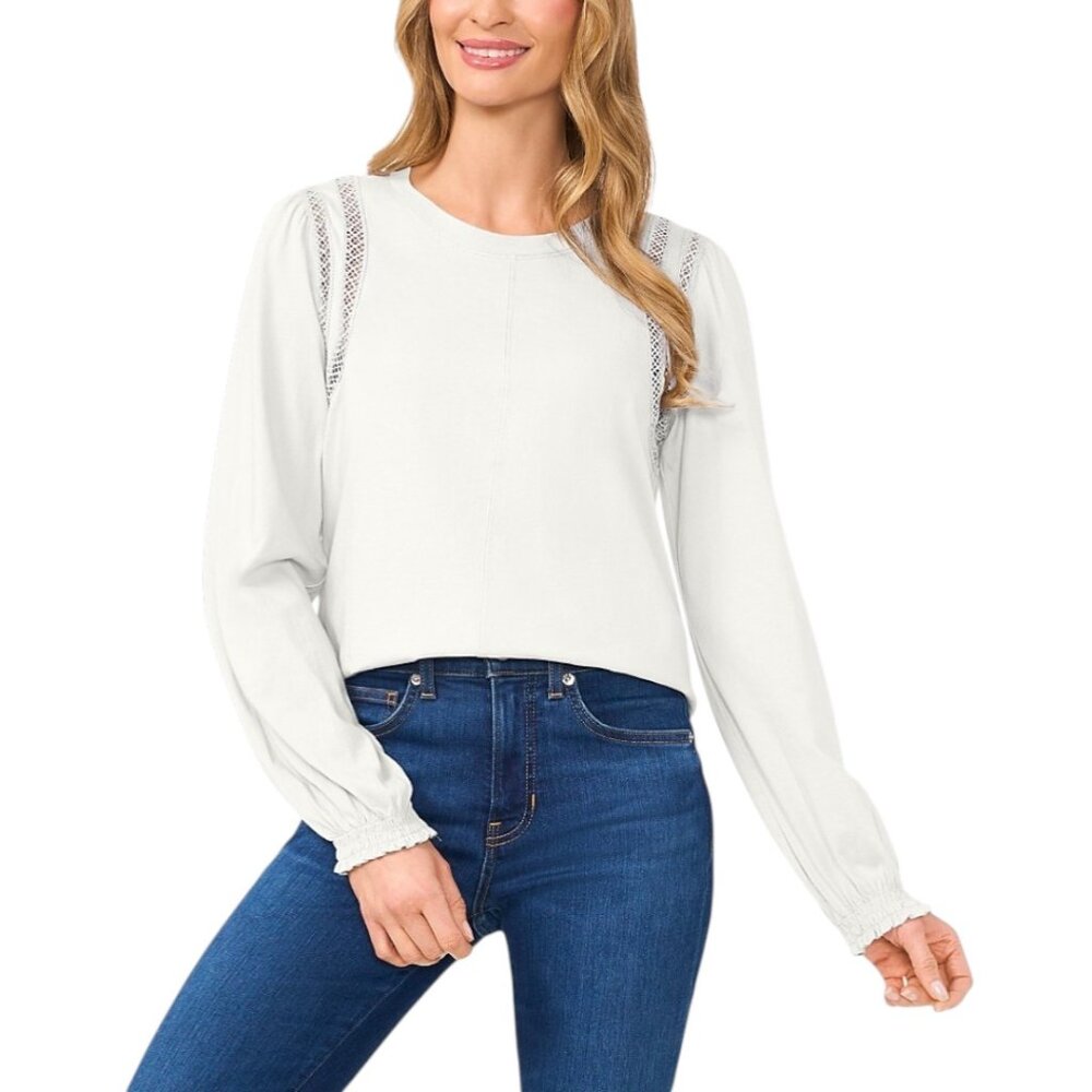 CeCe Women's Size L Lace Inset Long Sleeve Swing Ivory Knit Top NWOT